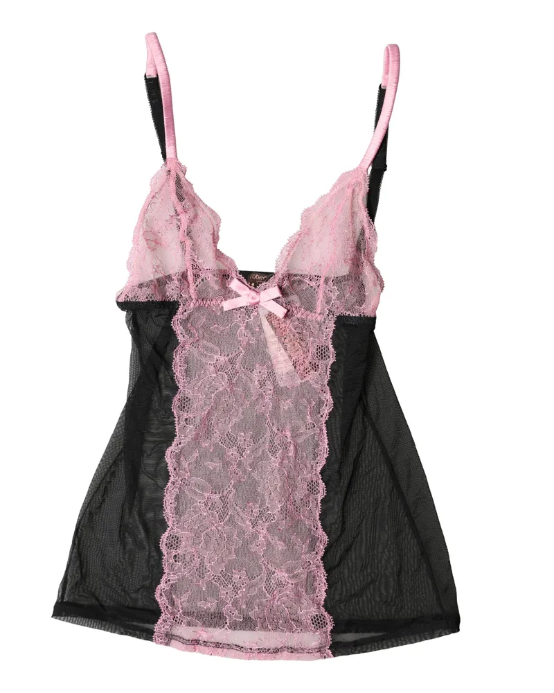 Roberto Cavalli Women Black Pink Floral Lace Lingerie Top Underwear Nylon Viscose Black