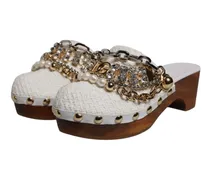 Women's White Raffia Clogs Bejeweled Chain Sandals Shoes Viscose Leather Cotton