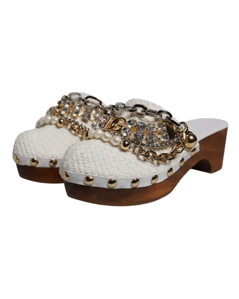 Dolce & Gabbana Women's White Raffia Clogs Bejeweled Chain Sandals Shoes Viscose Leather Cotton White