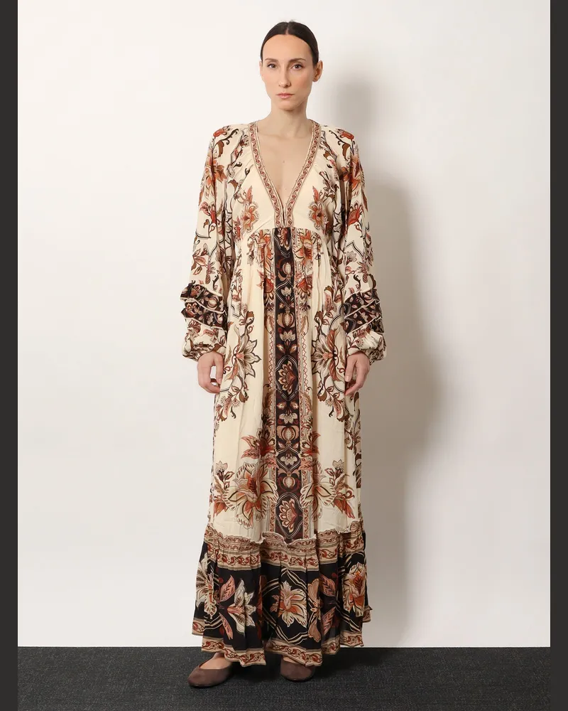 FARM Rio Women V-Neck Maxi Dress With Ruffles Beige Viscose Beige