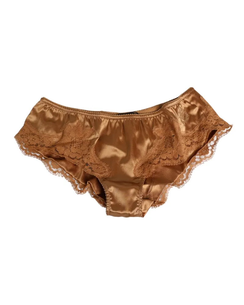 Dolce & Gabbana Women Brown Lace Silk Satin Slip Panties Underwear Clothing Brown
