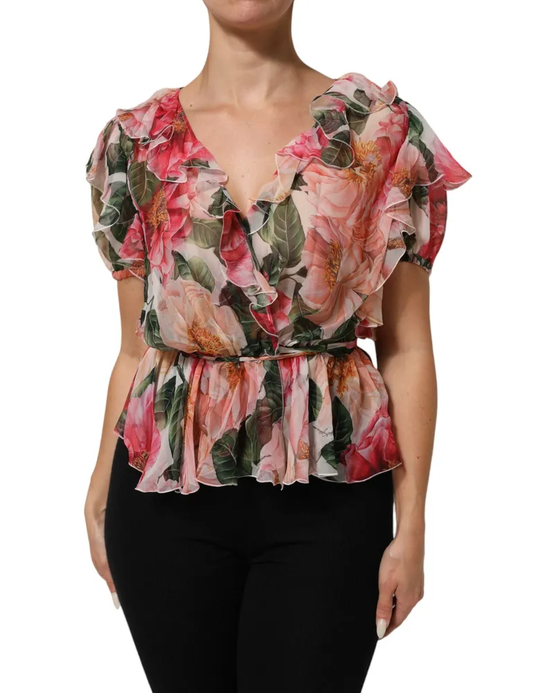 Dolce & Gabbana Women's Pink Camellias Printed Silk V-Neck Blouse Top Pink