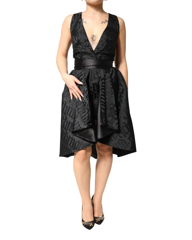 John Richmond Women Black Jacquard Deep V-Neck Sleeveless 2 Pc Dress Viscose Elastane Black