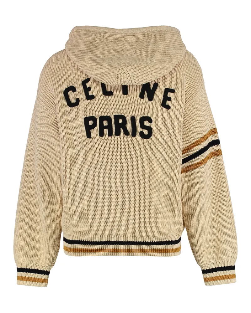 Celine Men Hooded Zip Sweatshirt Beige Cotton Knitwear Sweater Beige