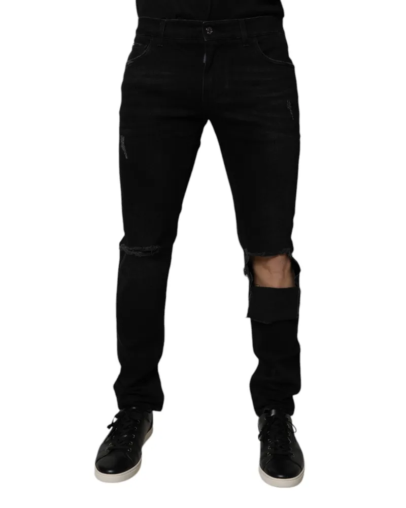 Dolce & Gabbana Black Ripped Cotton Skinny Men Denim Jeans Elastane Clothing Black