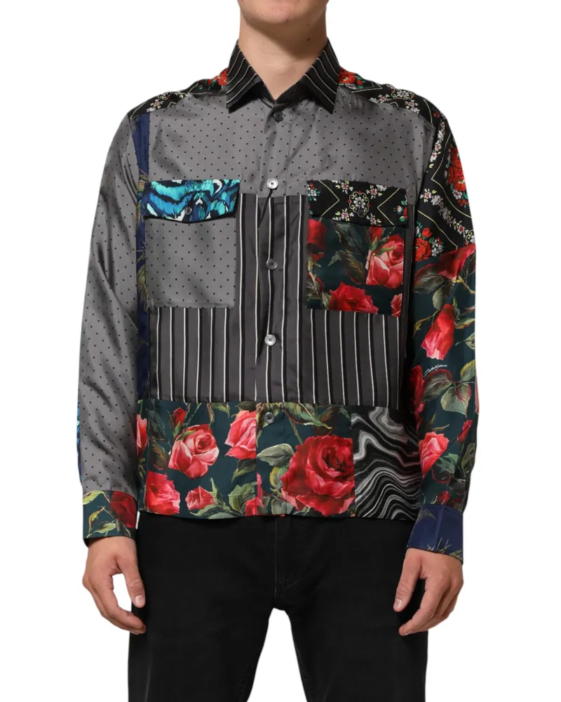 Dolce & Gabbana Men Multicolor Patchwork Long Sleeves Silk Shirt Multicolor