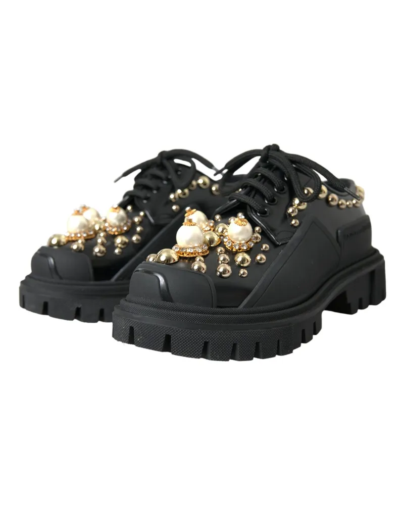 Dolce & Gabbana Women's Black Leather Trekking Derby Embellished Shoes Black