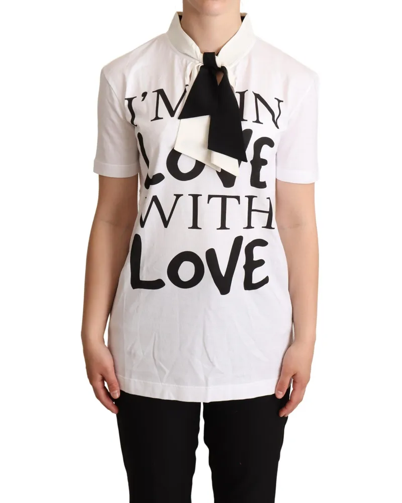 Dolce & Gabbana Women's White Cotton Silk Blend Ascot Collar T-Shirt White