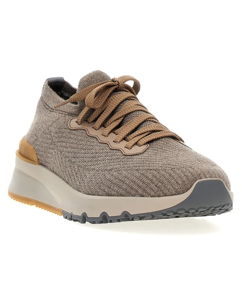 Brunello Cucinelli Stretch Knit Low Sneaker — Taupe Taupe