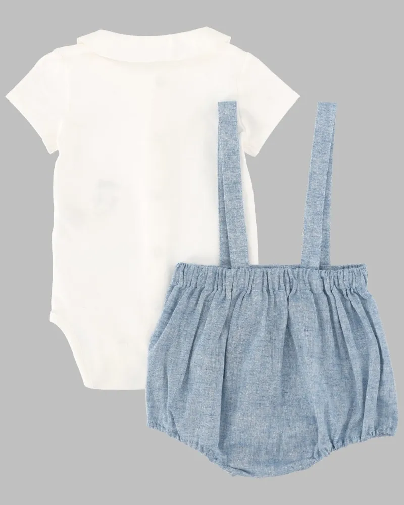 Tartine et Chocolat Linen-Blend Bodysuit & Dungarees Set — Blue Blue