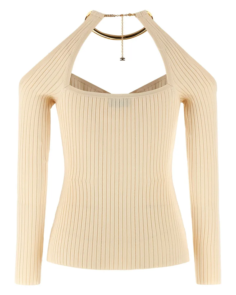 Elisabetta Franchi Necklace-Detailed Ribbed Sweater — Cream Cream