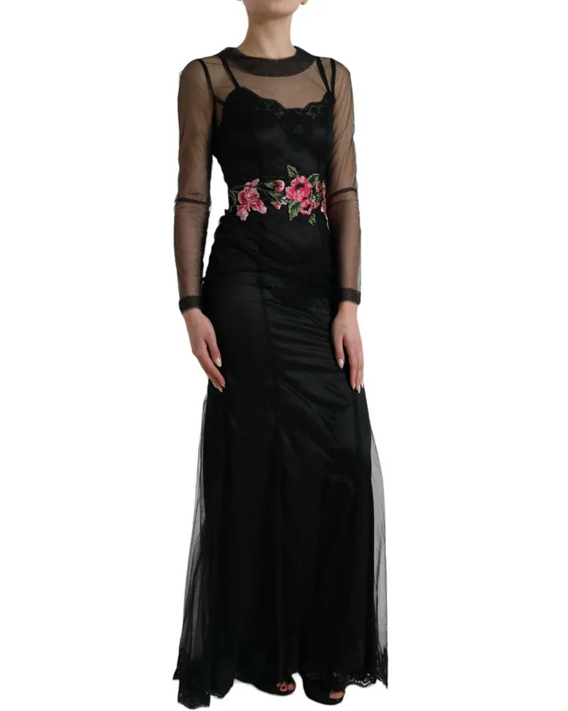 Dolce & Gabbana Women Black Floral Embroidery Mesh Tulle Gown Dress Nylon Cotton Silk Black