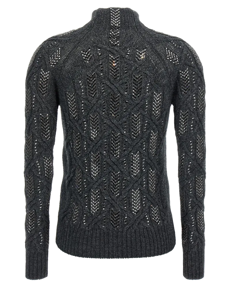 Ermanno Scervino Braided Crystal Pointelle Sweater — Grey Grey