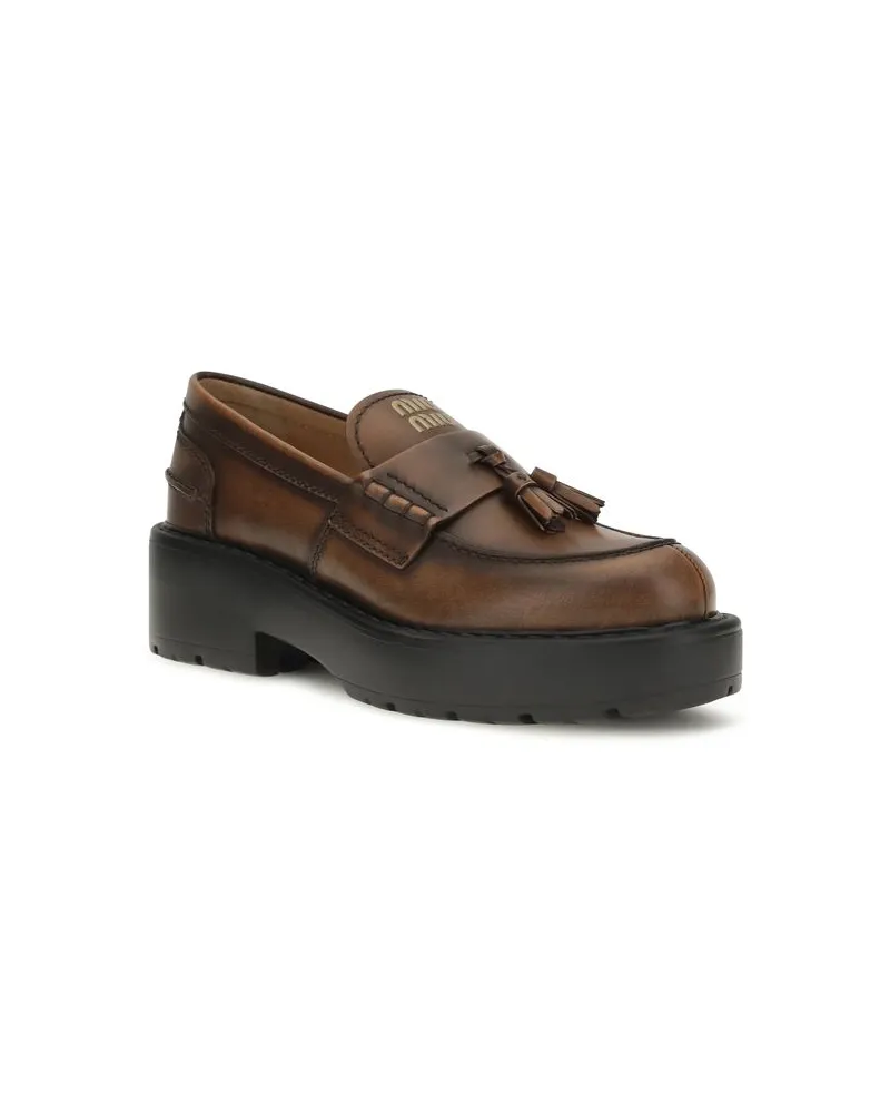 Miu Miu Women's Brown Calf Leather Bos Taurus Platform Loafers Brown