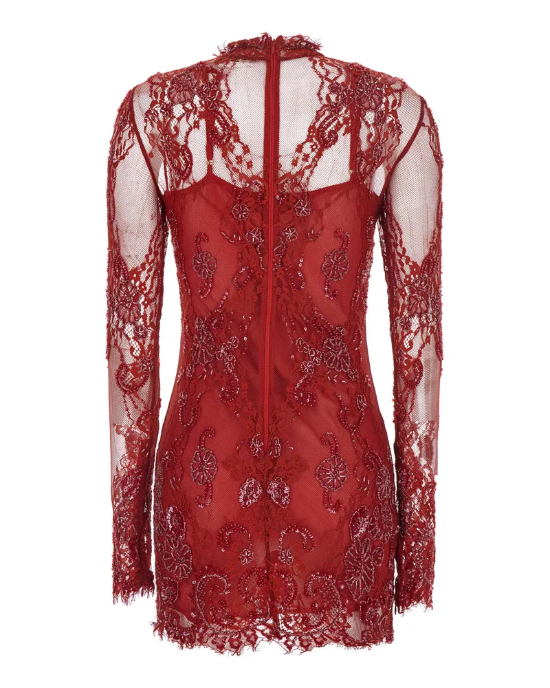 Blumarine Lace Long-Sleeve Dress — Red Red