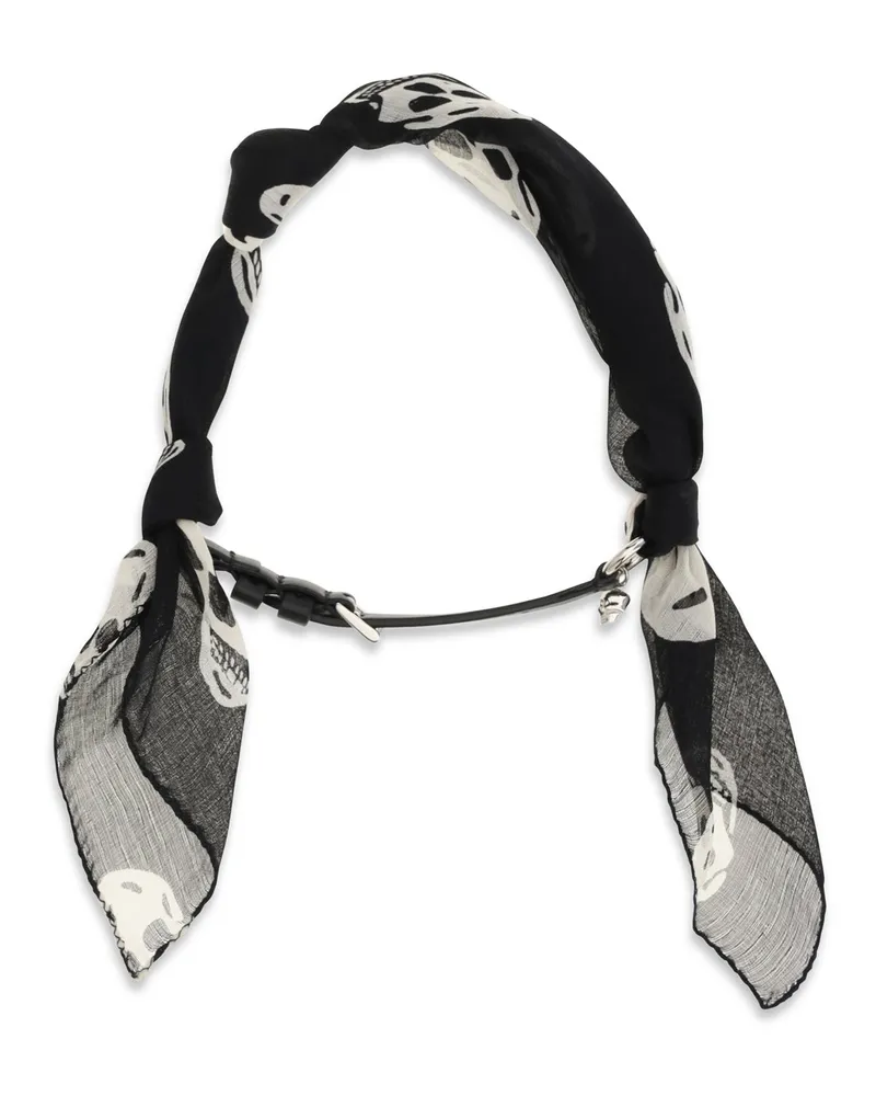 Alexander McQueen Women's Double-Wrap Skull Scarf Bracelet Black-White-Silver Silk; Calf Leather Bos Taurus Bracelets Black/white/silver Black