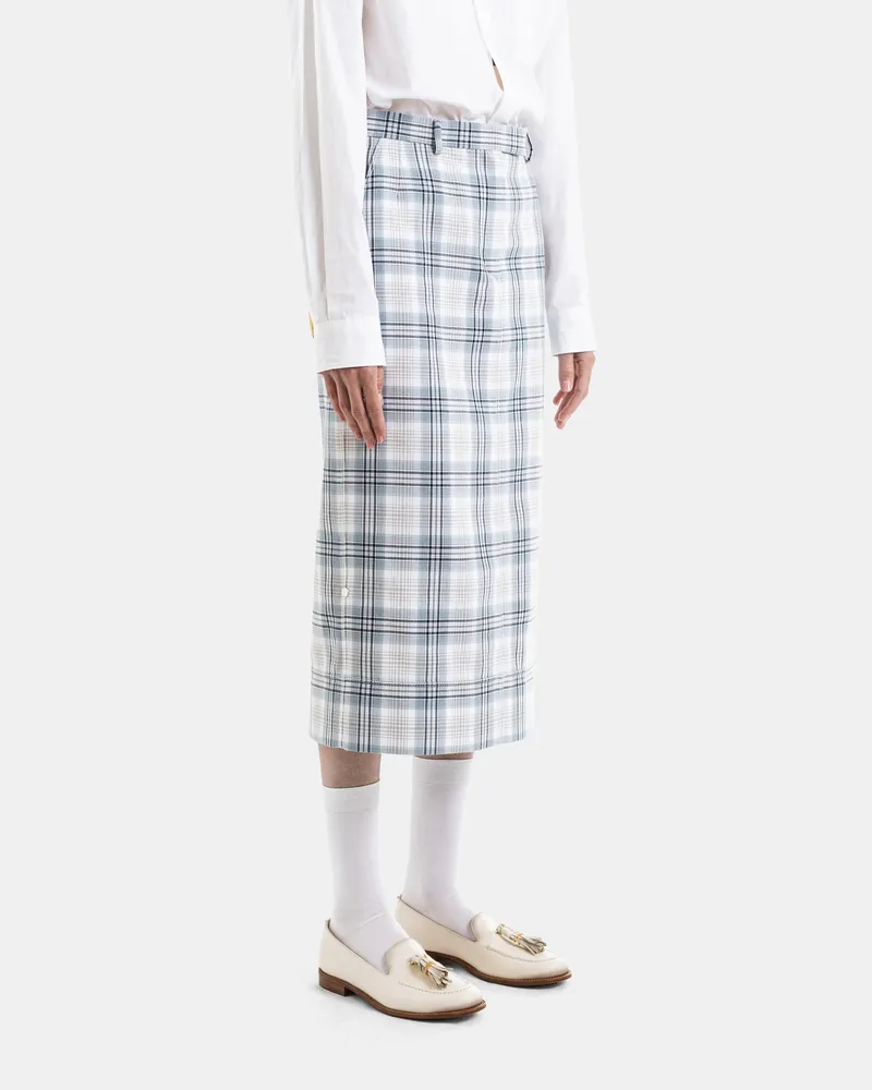 Thom Browne Women's Straight Sack Skirt Windowpane Plaid Glacier Blue Cotton Blue