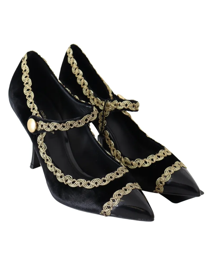 Dolce & Gabbana Women's Black Velvet Gold Mary Janes Pumps Black