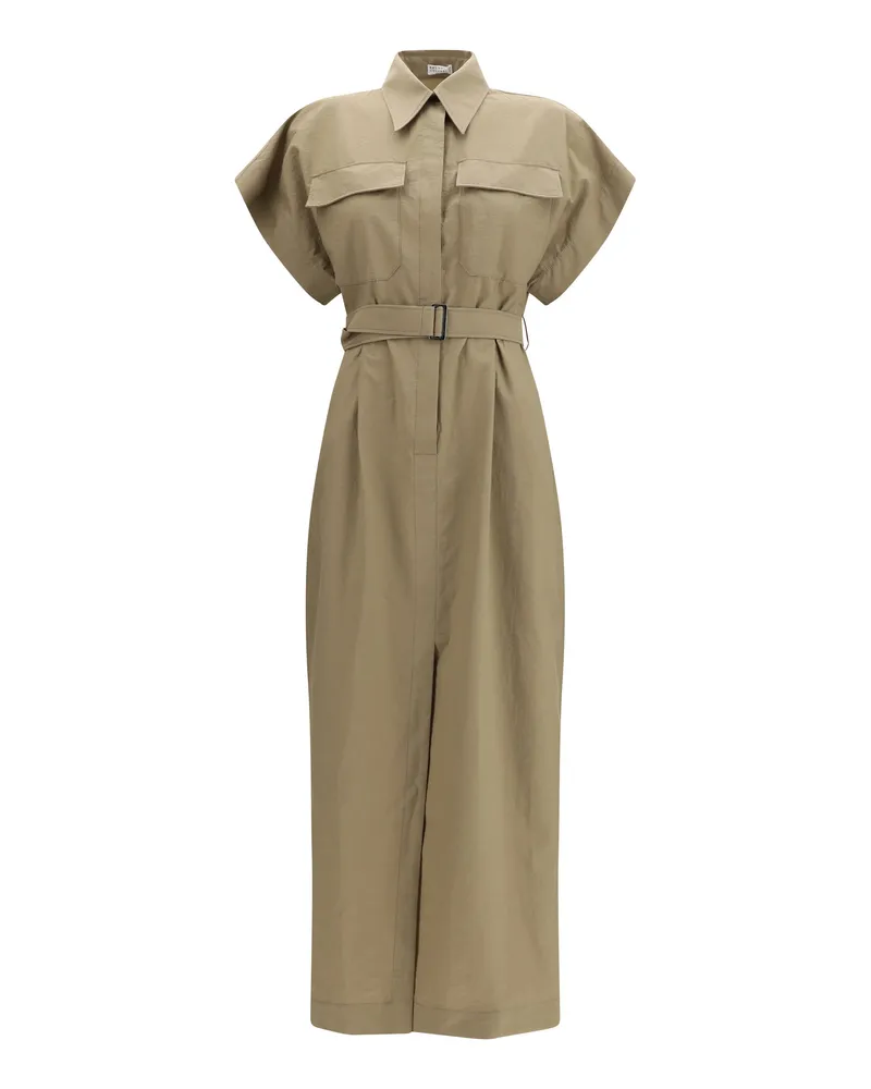 Brunello Cucinelli Women Midi Dress Pocket-Belted Earth Brown Cotton Brown