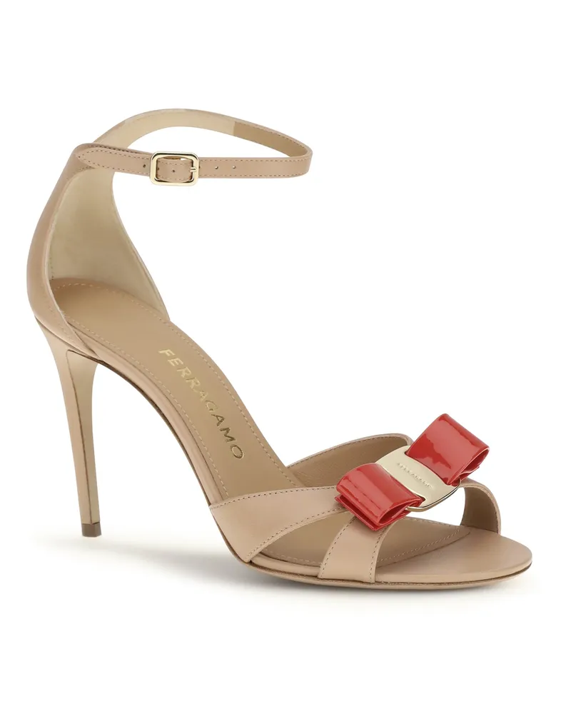 Ferragamo Women's Vara Sandals With Bow Amar-Seta Naturale Calf Leather Bos Taurus Amar/seta Beige