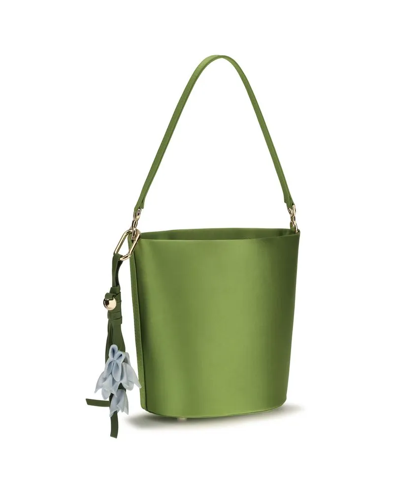 Self-Portrait Satin Bicolor Bucket Bag — Green Green