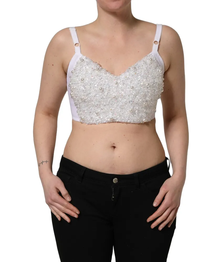 Dolce & Gabbana Women's White Pearls Beaded Corset Bustier Crop Top Elastane Polyester White