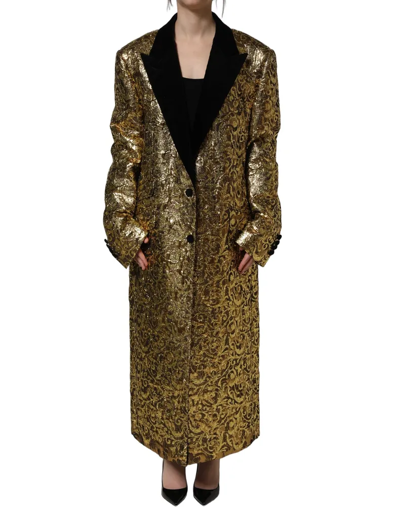 Dolce & Gabbana Women Gold Floral Jacquard Wool Trench Coat Jacket Clothing Gold