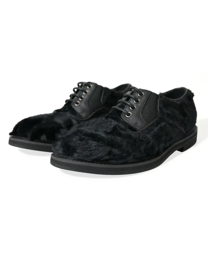 Dolce & Gabbana Men's Black Fur Leather Lace Up Derby Dress Shoes Black