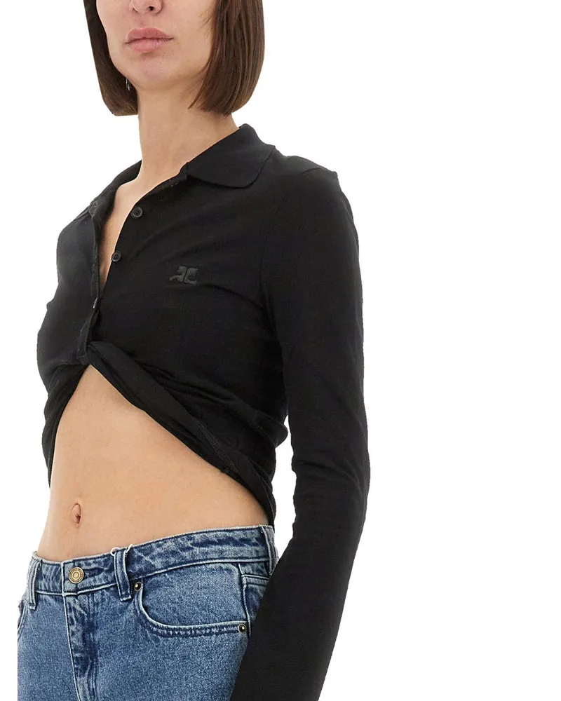Courrèges Cropped Cotton Polo Shirt — Black Black