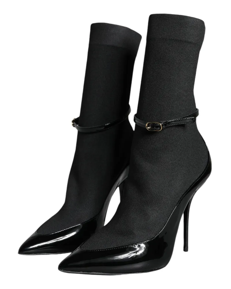 Dolce & Gabbana Women's Black Leather Stilettos Booties Socks Shoes Patent Black