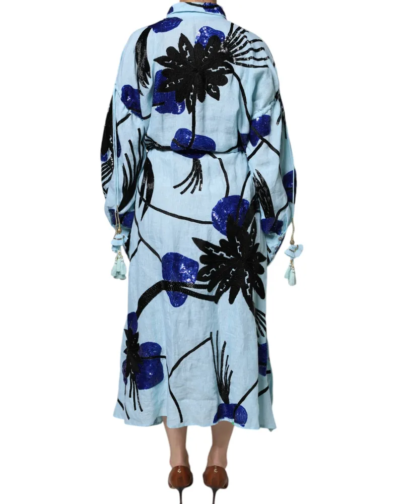 Christian Pellizzari Women's Light Blue Floral Embellished Shirt Maxi Dress Linen Blue