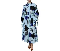 Women's Light Blue Floral Embellished Shirt Maxi Dress Linen