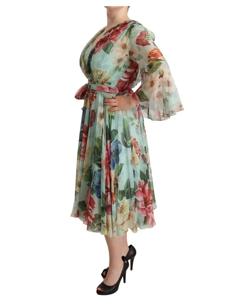 Dolce & Gabbana Women's Multicolor Green Floral Silk Wrap Midi Dress Green