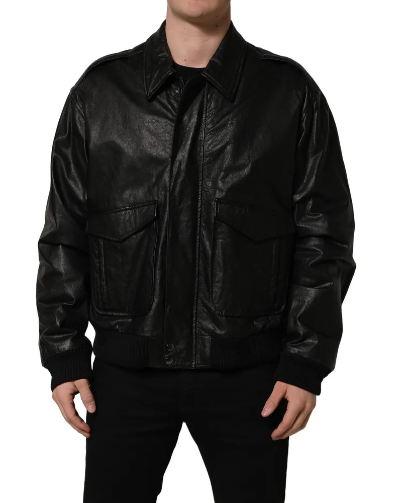 Dolce & Gabbana Black Leather Full Zip Men Biker Jacket Clothing Black