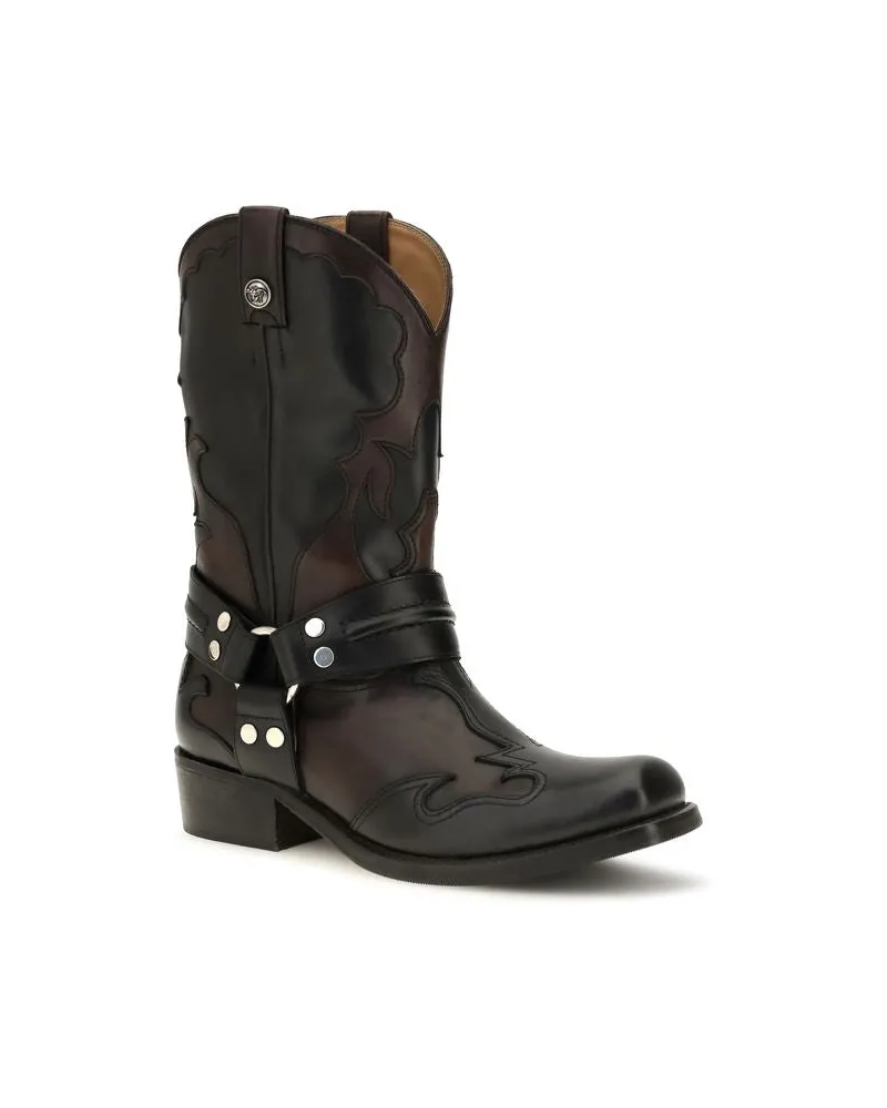 Versace Women's Black Calf Leather Bos Taurus Ankle Boots Black