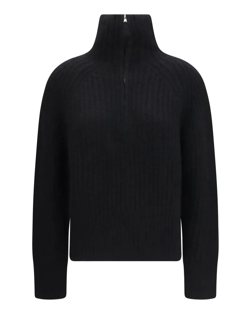 ALLUDE Women's Troyer Sweater Ribbed Zip-Up Black Cashmere 