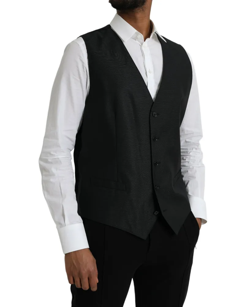 Dolce & Gabbana Men's Black Wool Waistcoat Dress Formal Vest Virgin Silk Black