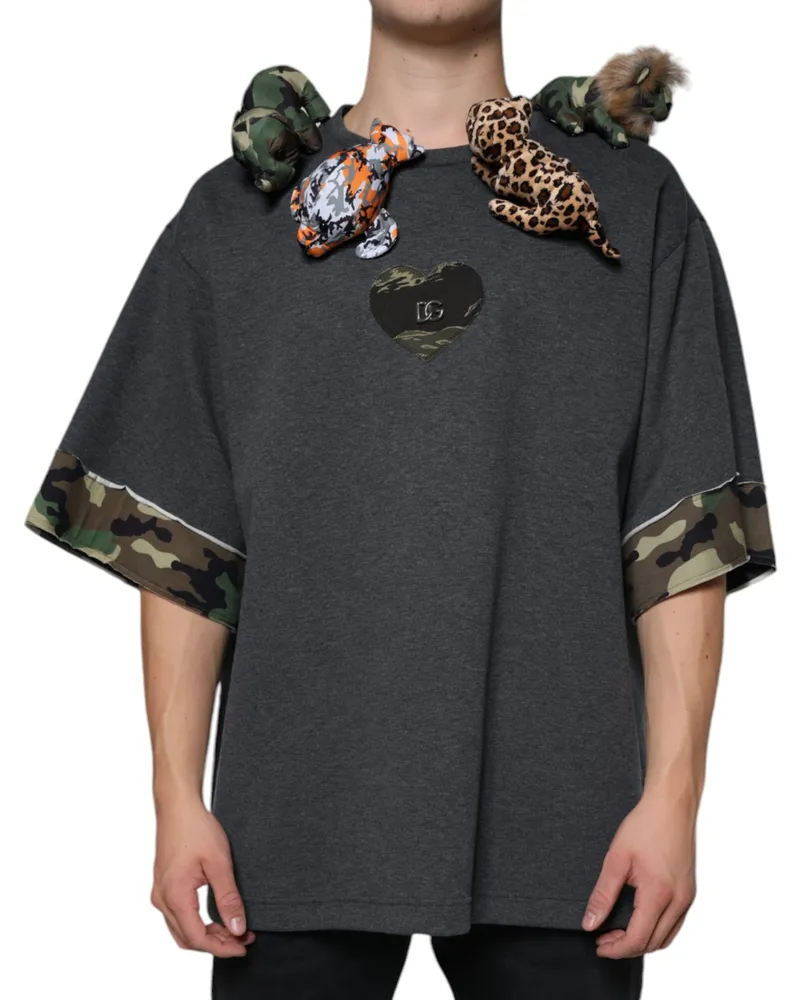 Dolce & Gabbana Men's Gray Camouflage Animal Stuff Cotton T-Shirt Polyester Gray