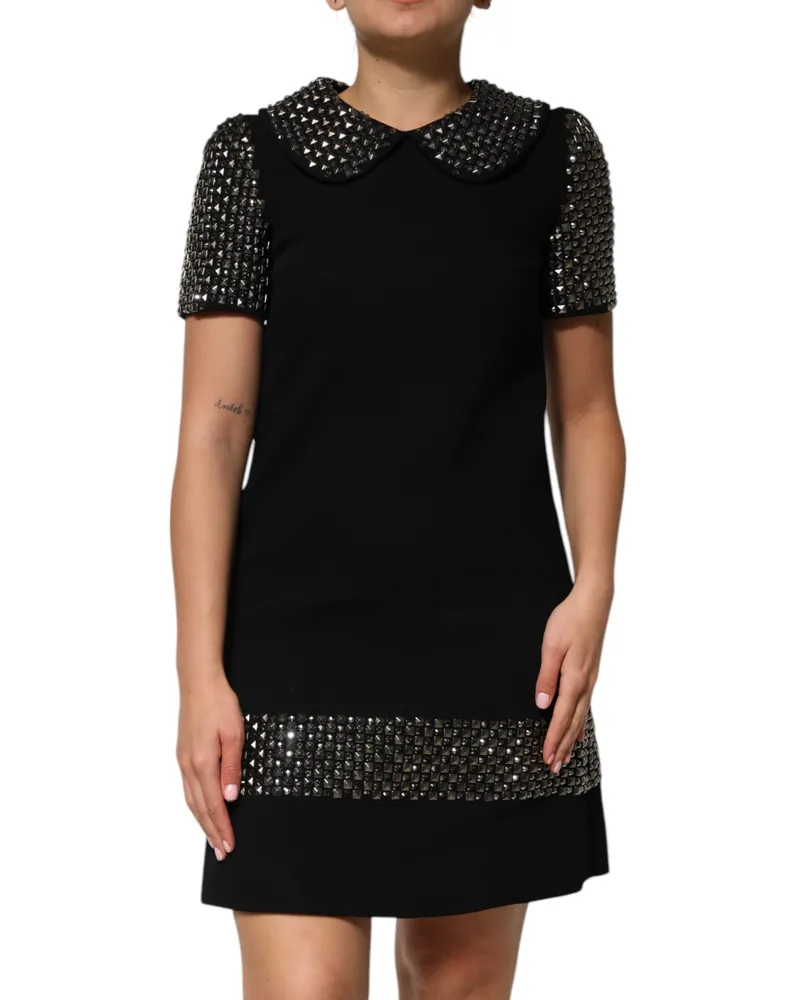 Dolce & Gabbana Women Black Crystal Embellished Collared Mini Dress Virgin Wool Black