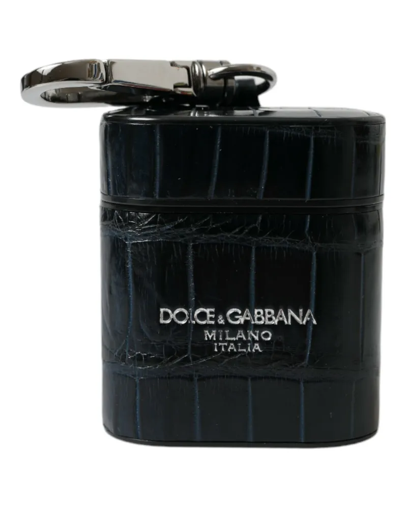 Dolce & Gabbana Women's Black Crocodile Leather Silver Metal Logo Airpods Case Accessory Black
