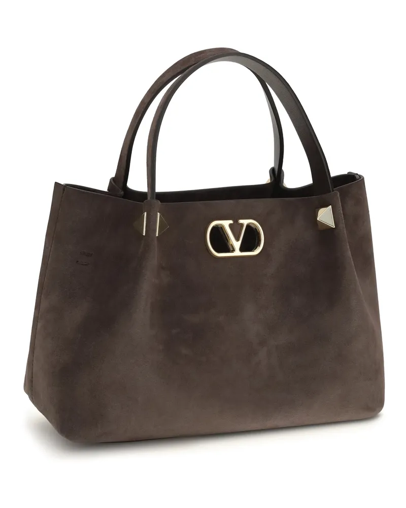 Valentino Garavani Suede with Studded VLogo Top Handle Bag — Brown Brown