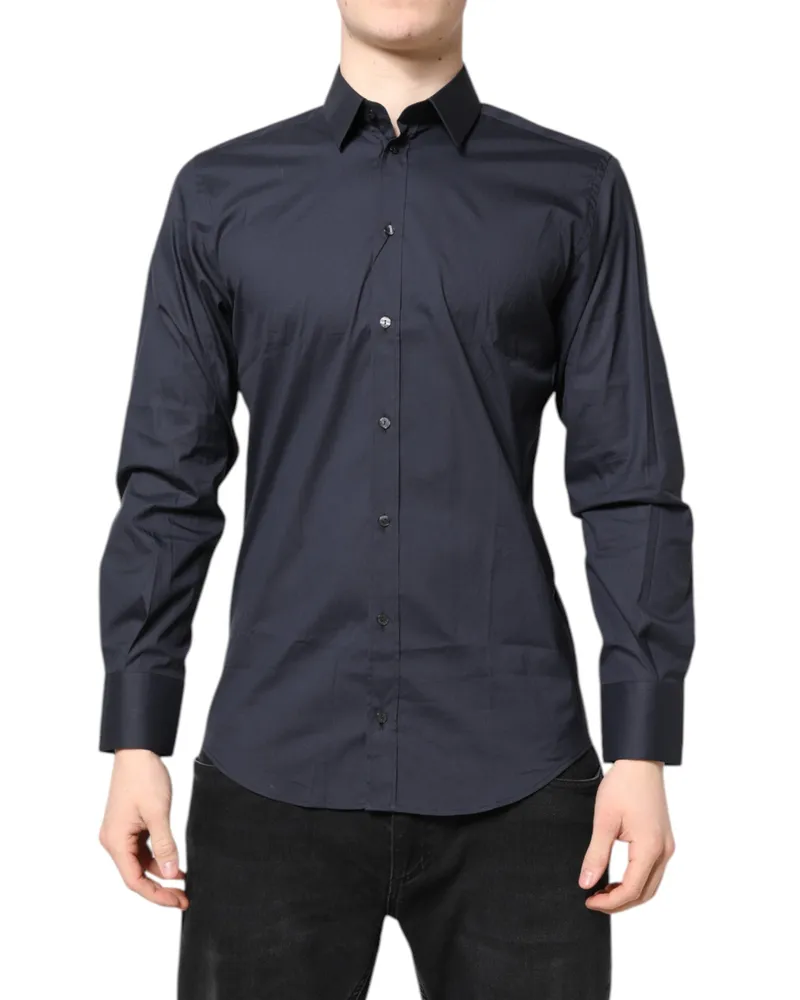 Dolce & Gabbana Men Dark Blue Martini Cotton Dress Formal Shirt Nylon Elastane Navy