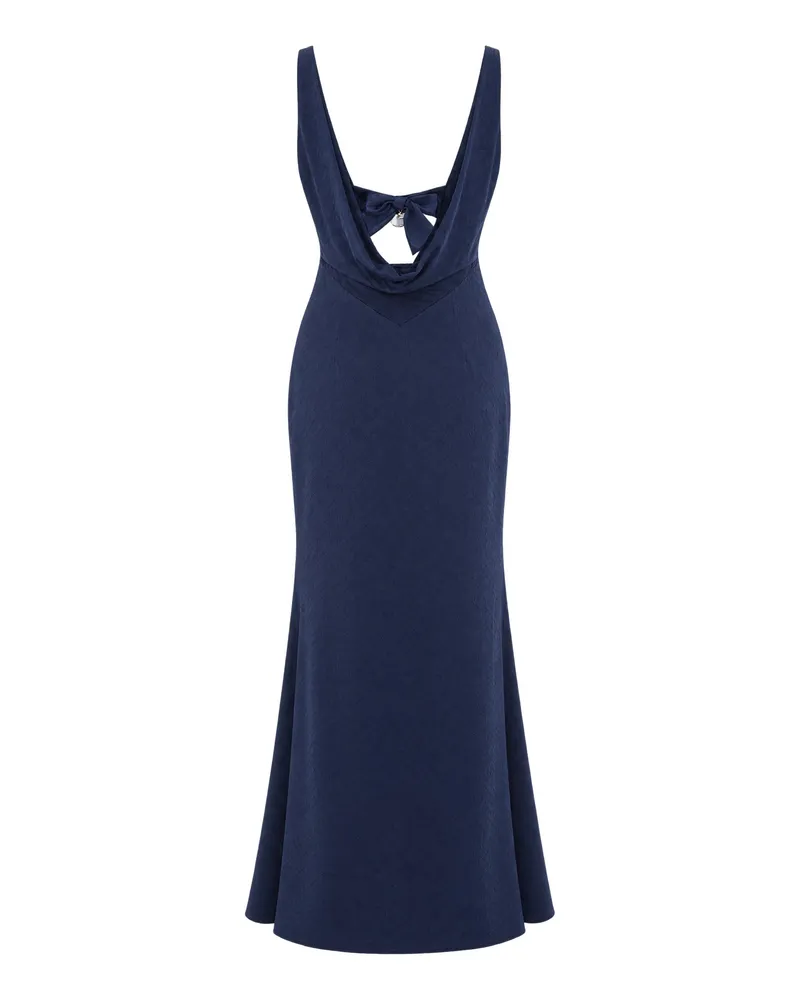 Elisabetta Franchi Fitted Maxi with Open Back Tie Dress — Navy Navy