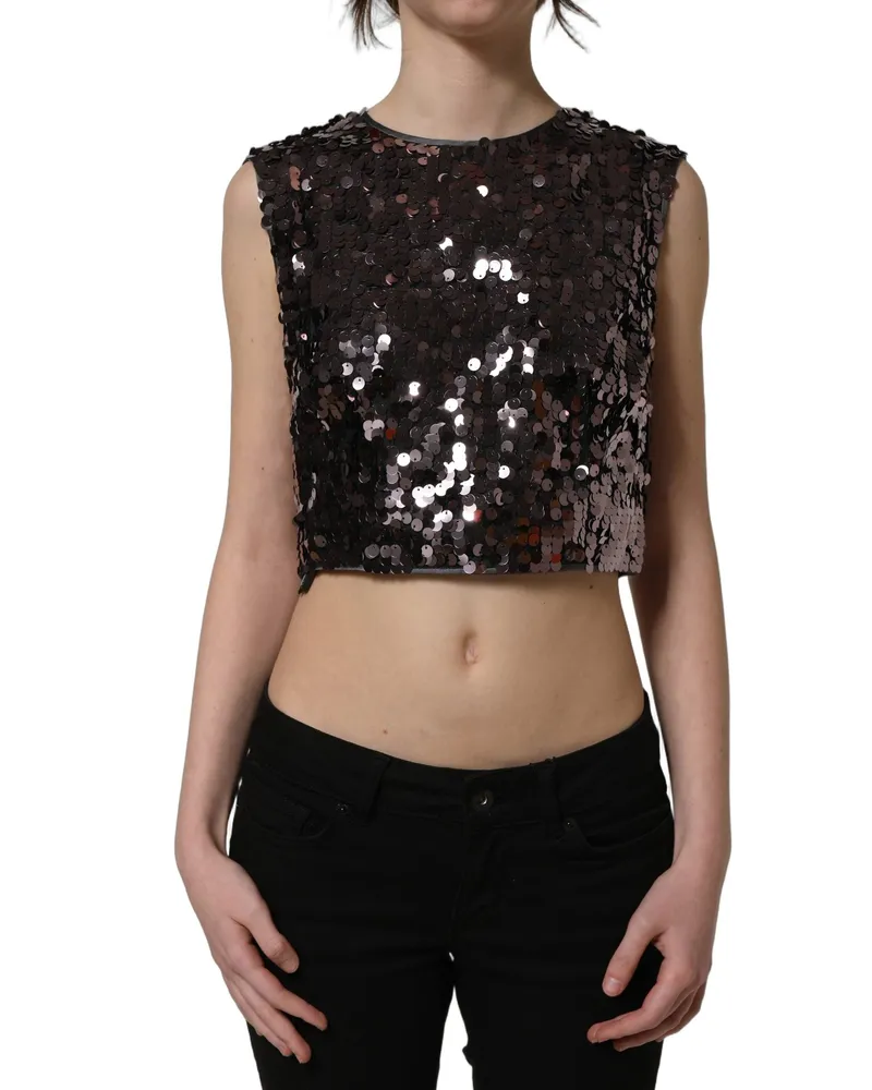 Dolce & Gabbana Women's Purple Sequined Sleeveless Cropped Tank Top Nylon Black