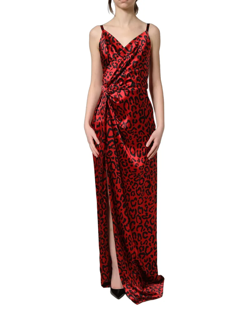 Dolce & Gabbana Women's Red Leopard Draped Sleeveless Maxi Dress Silk Elastane Red