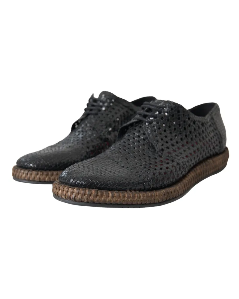 Dolce & Gabbana Men's Black Woven Goat Leather Lace Up Derby Shoes And Brown Black