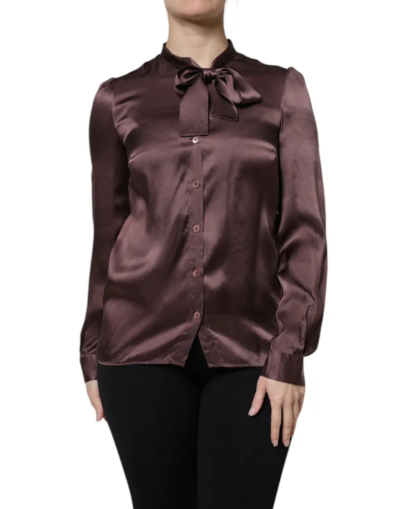 Dolce & Gabbana Women's Brown Ascot Collar Long Sleeve Blouse Top Silk Brown