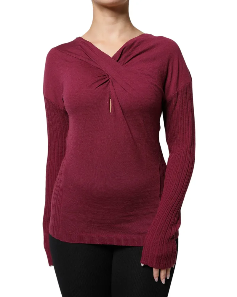 Roberto Cavalli Women's Maroon Jumper Keyhole Knit Pullover Sweater Virgin Wool Clothing Red