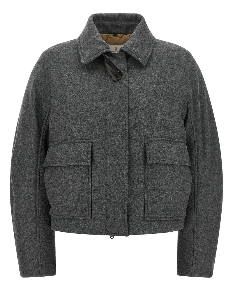 Brunello Cucinelli Shearling Collar Wool-Cashmere Jacket — Charcoal Grey