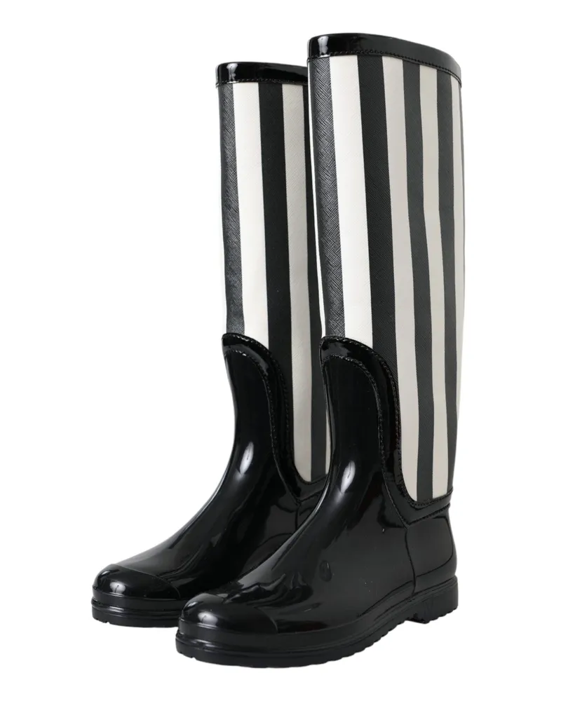 Dolce & Gabbana Women's Black Rubber Knee High Flat Boots Shoes And White Black